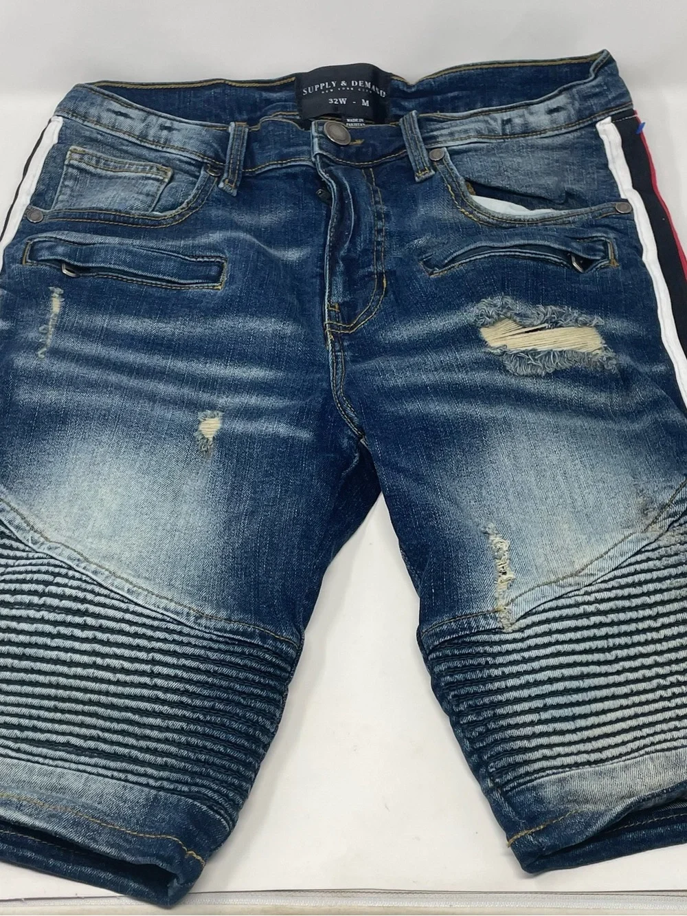 Supply & Demand Men’s Distressed Biker Denim Shorts Size 32W Blue Zipper Pockets